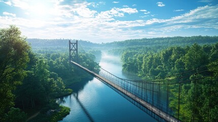 Fototapeta premium A suspension bridge stretches across a serene river surrounded by lush greenery.