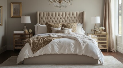 Obraz premium A Luxurious Bedroom with a Plush White Bed and Golden Accents