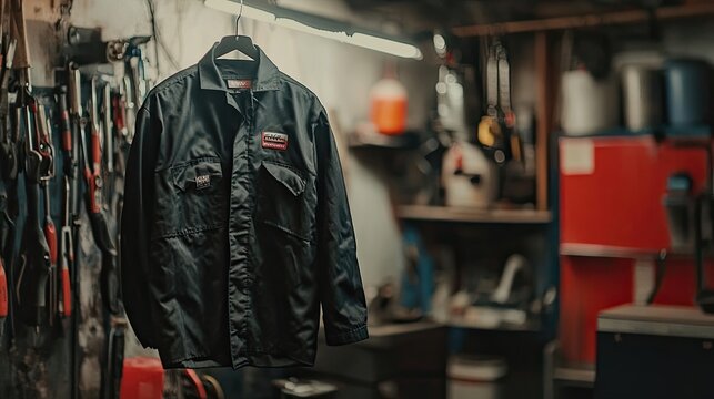 A black work jacket hangs in a dimly lit workshop, ready for a day of work. The jacket has a patch on the left chest.
