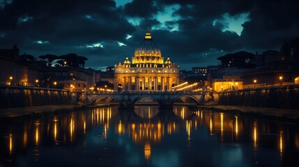 Fototapeta premium A stunning view of a famous basilica illuminated at night, with a bridge crossing the river in front of it.