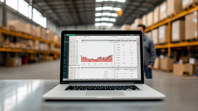 A laptop displaying data analytics sits on a table in a warehouse, showcasing a graph amidst a background of storage shelves.