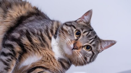 Close-up of tabby cat?s face with wide eyes, looking at camera