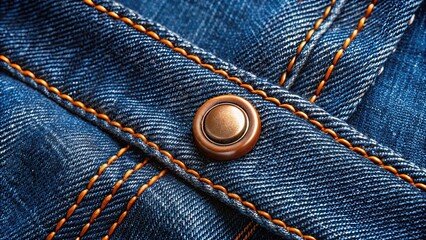 Close-up of blue denim fabric with orange stitching and metallic buttons , denim, fabric, blue, close-up, texture, textile