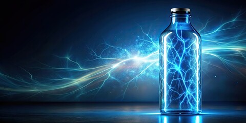 Glowing energy bottle with abstract blue lightning, energy, glowing, bottle, abstract, blue, lightning, electricity