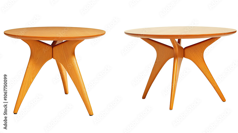 Poster set of wooden round tables with three legs on a transparent background generative ai
