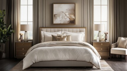 Obraz premium A luxuriously decorated bedroom with a plush white bed and gold accents.