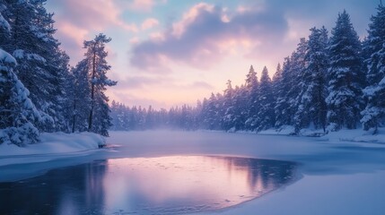 Fototapeta premium A serene winter scene with a frozen lake reflecting the pink and blue hues of a stunning sunset.