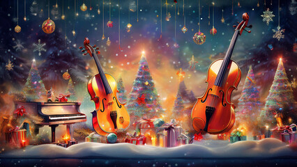Christmas Music: Instruments and Floating Notes on a Festive Background