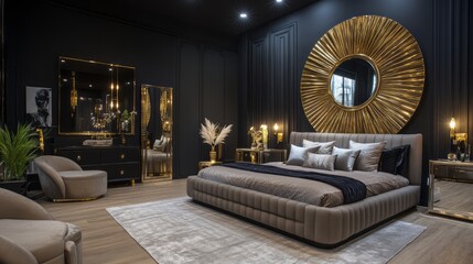 Luxurious Modern Bedroom Interior with Gold Accents and Plush Furnishings