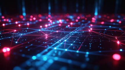 Futuristic network grid with interconnected nodes in vibrant red and blue lights, showcasing data flow.