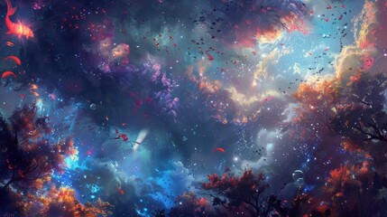 Obraz premium A surreal landscape with a starry sky and trees. AI.