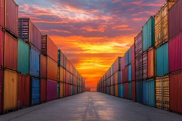 Fototapeta premium Colorful Shipping Containers Under Vibrant Sunset Sky