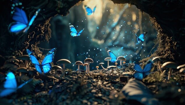 A magical forest with blue butterflies and glowing mushrooms. AI.