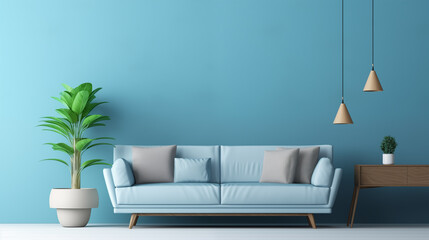 Modern Living Room Interior with Blue Sofa and Potted Plant
