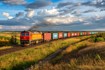 Obraz premium Freight Train Transporting Containers Along Scenic Route