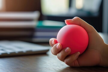 A close-up of a hand holding a stress ball at a desk, with a computer keyboard and office files in the background. Stress relief, therapy
