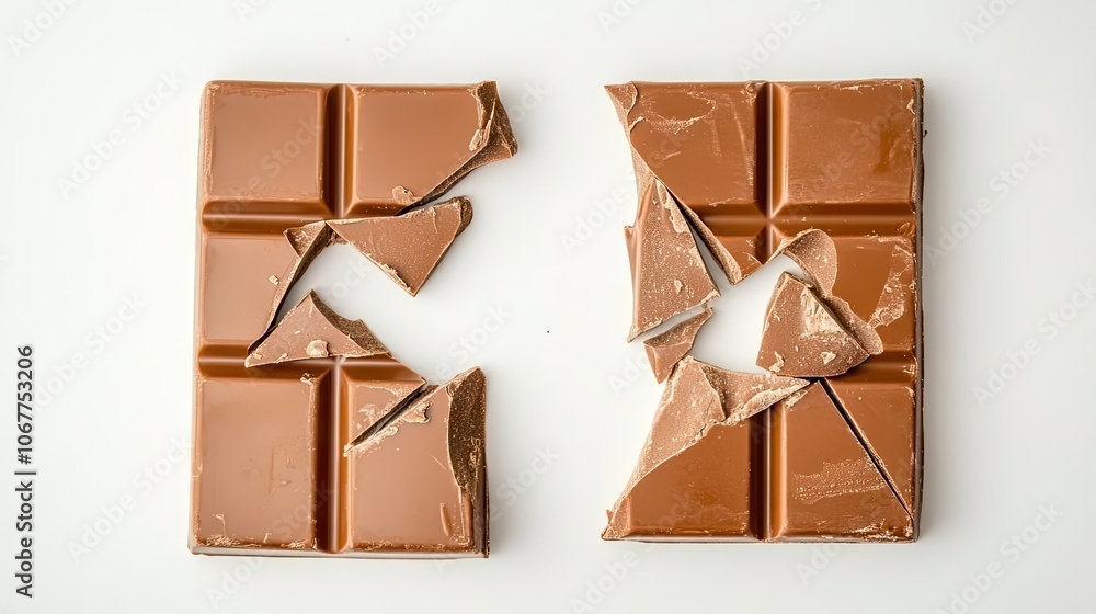 Poster broken chocolate bars on a white surface ready for indulging generative ai