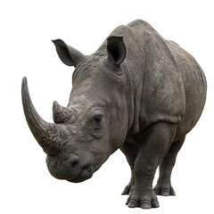 Obraz premium Majestic rhinoceros with powerful horn and armored skin on white background