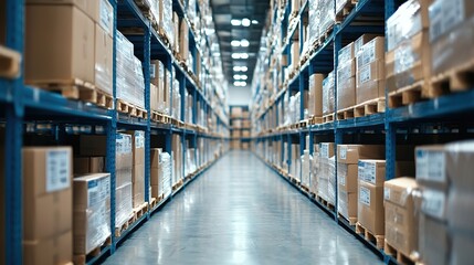 A wide aisle in a warehouse lined with neatly stacked boxes on metal shelves, creating an organized and spacious storage environment.