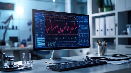 Fototapeta premium Professional Medical Workstation Displaying Real-Time ECG Graph with Detailed Patient Heart Activity Data, Including Stethoscope and Medical Notes for Clinical Use