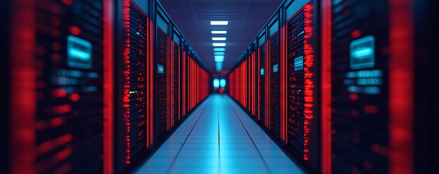 Illuminated Server Room Corridor Data Center Technology Network Infrastructure - Powered by Adobe