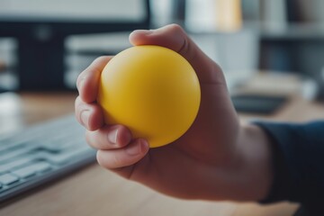 A close-up of a man's hand holding a stress yellow ball at a desk, with a computer keyboard and office files in the background. 
