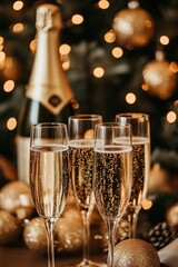 Four champagne glasses and a bottle with festive golden ornaments, creating an elegant holiday celebration scene.