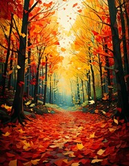 A forest during autumn with the changing colors of leaves falling from the trees.