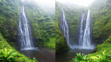 Fototapeta premium Cascading Waterfalls Among Lush Greenery in a Misty Valley Generative AI