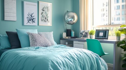 Teal Bedroom with a Bed, Desk, and Laptop