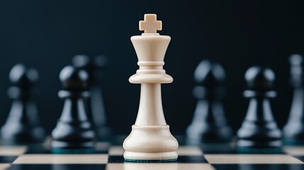 A close-up shot of a white king chess piece standing prominently in front of black pieces, symbolizing strategy and competition in chess.