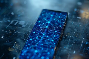 A sleek smartphone rests on a circuit board, showcasing intricate digital network designs in vibrant blue. The scene highlights the fusion of technology and innovation in a modern setting.