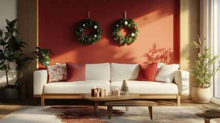 Living room with red and green minimalist decorations, simple pine wreaths, and candles, holiday charm -