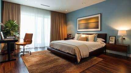 Modern Bedroom with Brown Leather Bed and Beige Carpet