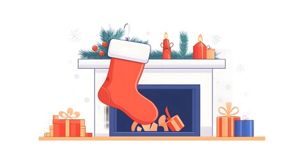 Christmas sock on isolated background. New Year s stocking for hanging over the fireplace. Vector illustration in flat style for stickers, decor, cards
