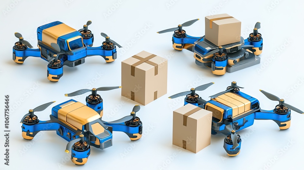 Poster delivery drones transporting packages in an indoor environment generative ai