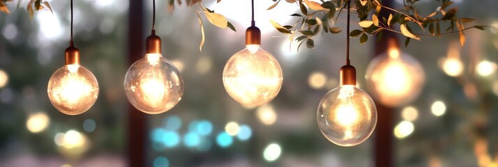 Vintage Edison Light Bulbs Suspended from Leafy Branches, Creating a Warm, Inviting Ambiance.