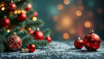 New year background with Christmas tree and decorations. Red glittering ornaments with golden snowflakes, selective focus, bokeh lights, defocused blurred shiny background, festive holiday atmosphere