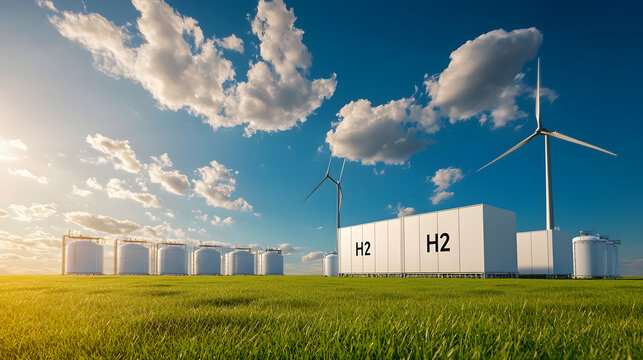 Modern hydrogen energy storage facility with large storage tanks, showcasing cutting-edge technology for sustainable energy solutions and efficient fuel storage