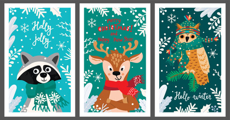 Cartoon collection of Christmas cards with cute animal characters and handwritten.Racoon, deer and owl in warm scarves, decorated with twig.Colorful print on fabric and paper.Vector flat  illustration