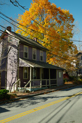 Colorful fall foliage outside of a home. 