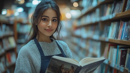 A South Asian female bookstore consultant engaging with customers in a cozy bookstore setting