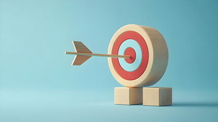 Precision in business strategy illustrated with wooden blocks and a target arrow on a light blue background -