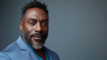 A confident man with short, curly hair poses in a stylish blue suit. The setting features a plain background that enhances his expression, showcasing his charisma and professionalism. Copy space