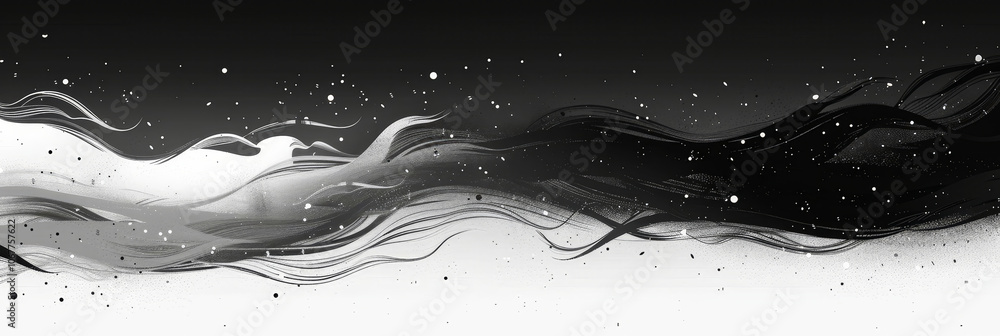 Poster black and white wave patterns create an abstract effect with scattered particles on a gradient backg