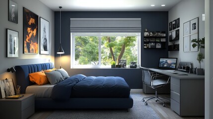 Fototapeta premium Modern Bedroom Interior with Blue Bed, Window, and Desk