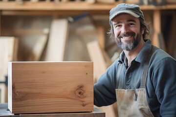 Smiling carpenter showing wooden block in workshop