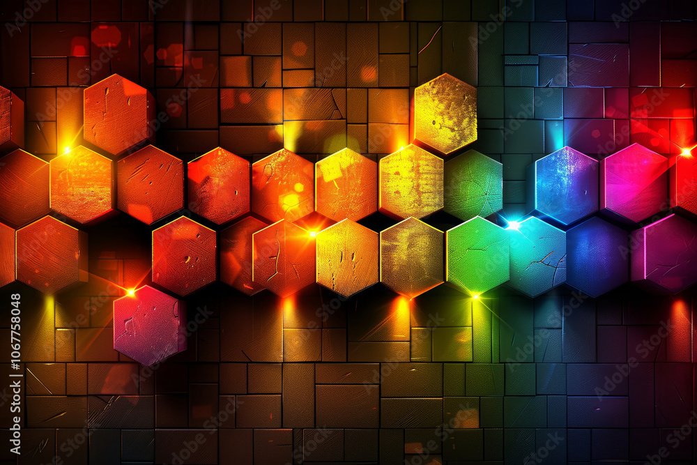 Poster brightly colored hexagons are arranged in a striking formation against a dark background, illuminate