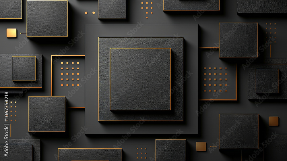 Poster a textured black background is adorned with layered squares and rectangles that feature subtle metal