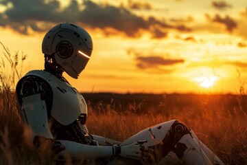 Cyborg contemplates sunset  humanoid robot embracing nature s beauty during golden hour outdoors
